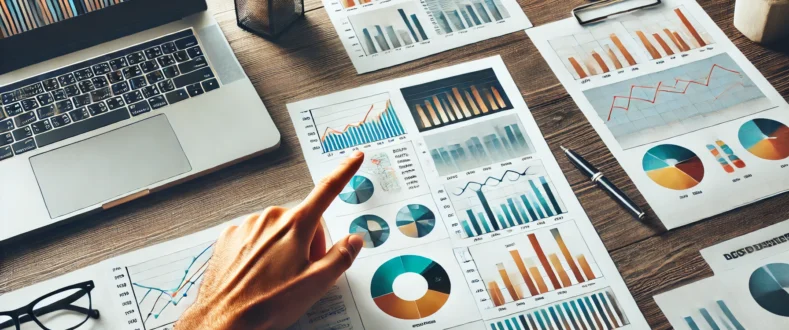 DALL·E 2024-09-24 16.50.32 - A high-quality image showing a hand pointing at a printed sheet with colorful charts and graphs, alongside a laptop in a professional setting. The cha